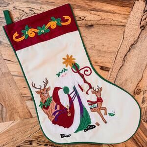 Vintage Appliqué & Embroidered Christmas Stocking, Santa & His Reindeer, Holiday